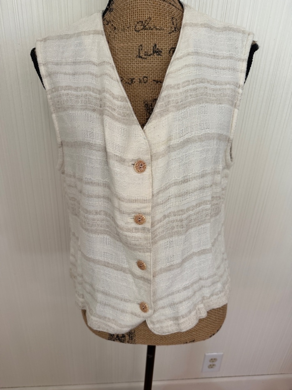 Vintage AMICA Linen Blend Striped Vest Top Cream Boho Coastal M/L